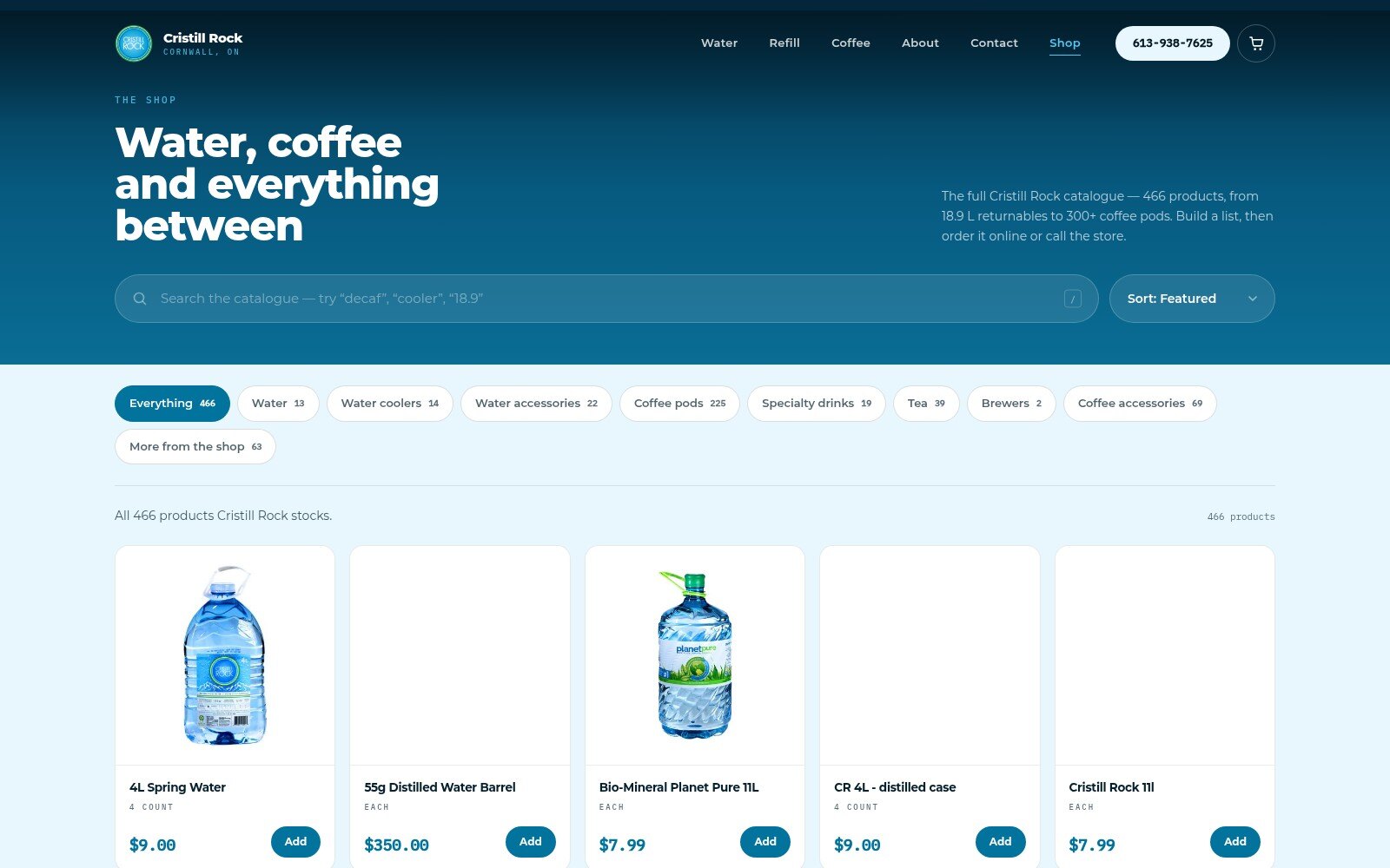 The storefront — a deep-water header handing off to a light retail grid