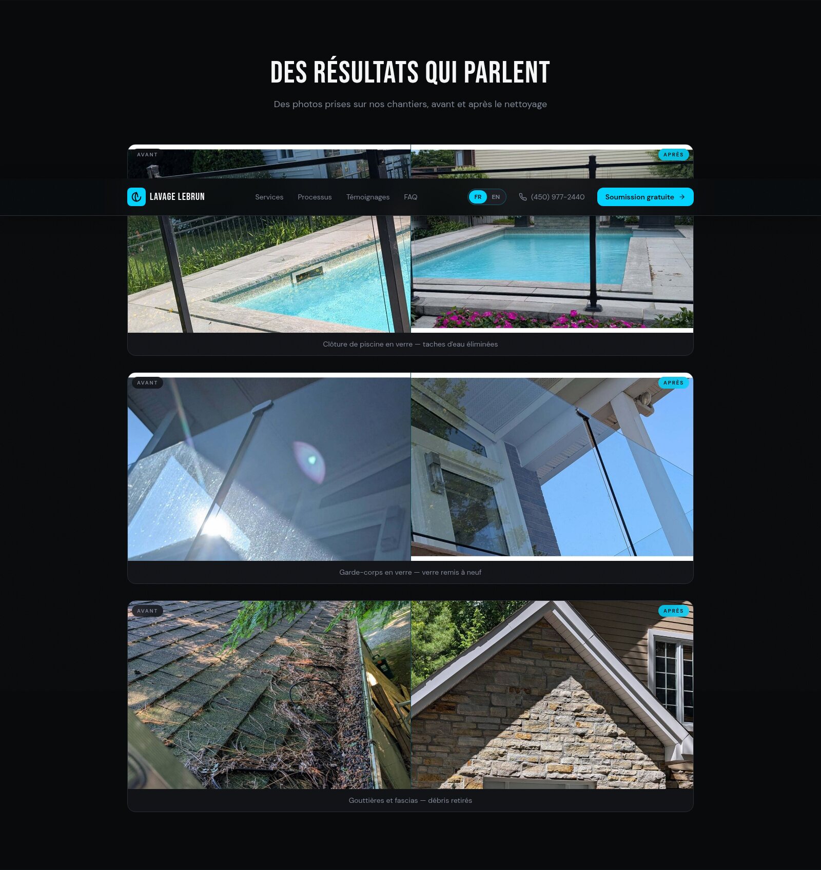 Lavage Lebrun before-and-after section: glass pool fencing, a glass railing and blocked gutters, each shown as a labelled Avant and Après pair