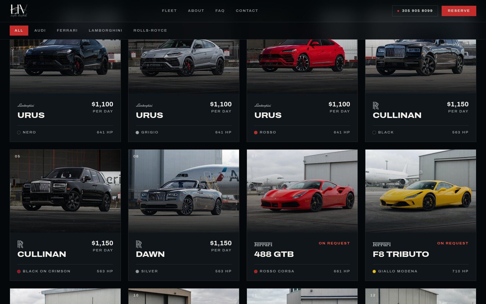 Liv Exotic fleet page — live inventory with day rates and brand filtering