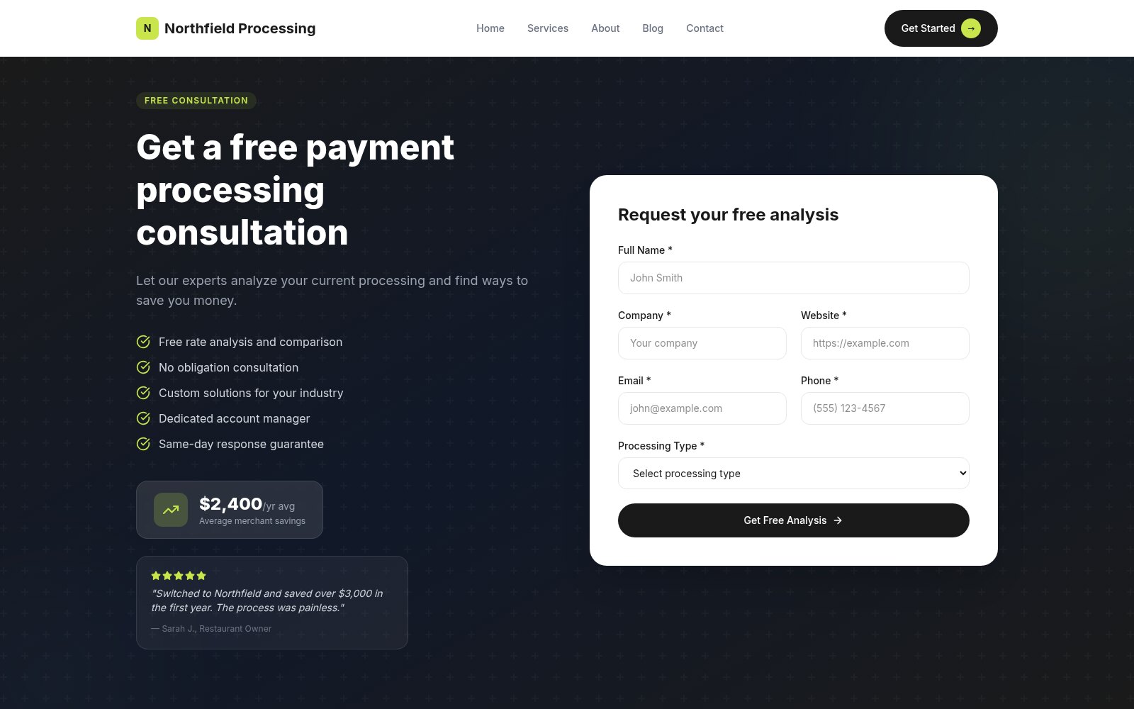 Northfield Processing free-consultation page with its rate-analysis request form