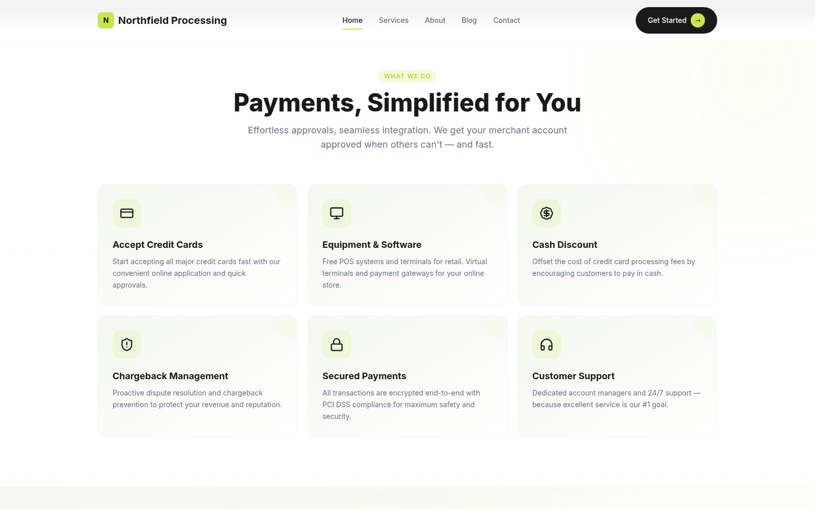 Northfield Processing services grid — credit card acceptance, equipment and software, cash discount, chargeback management, secured payments, and support