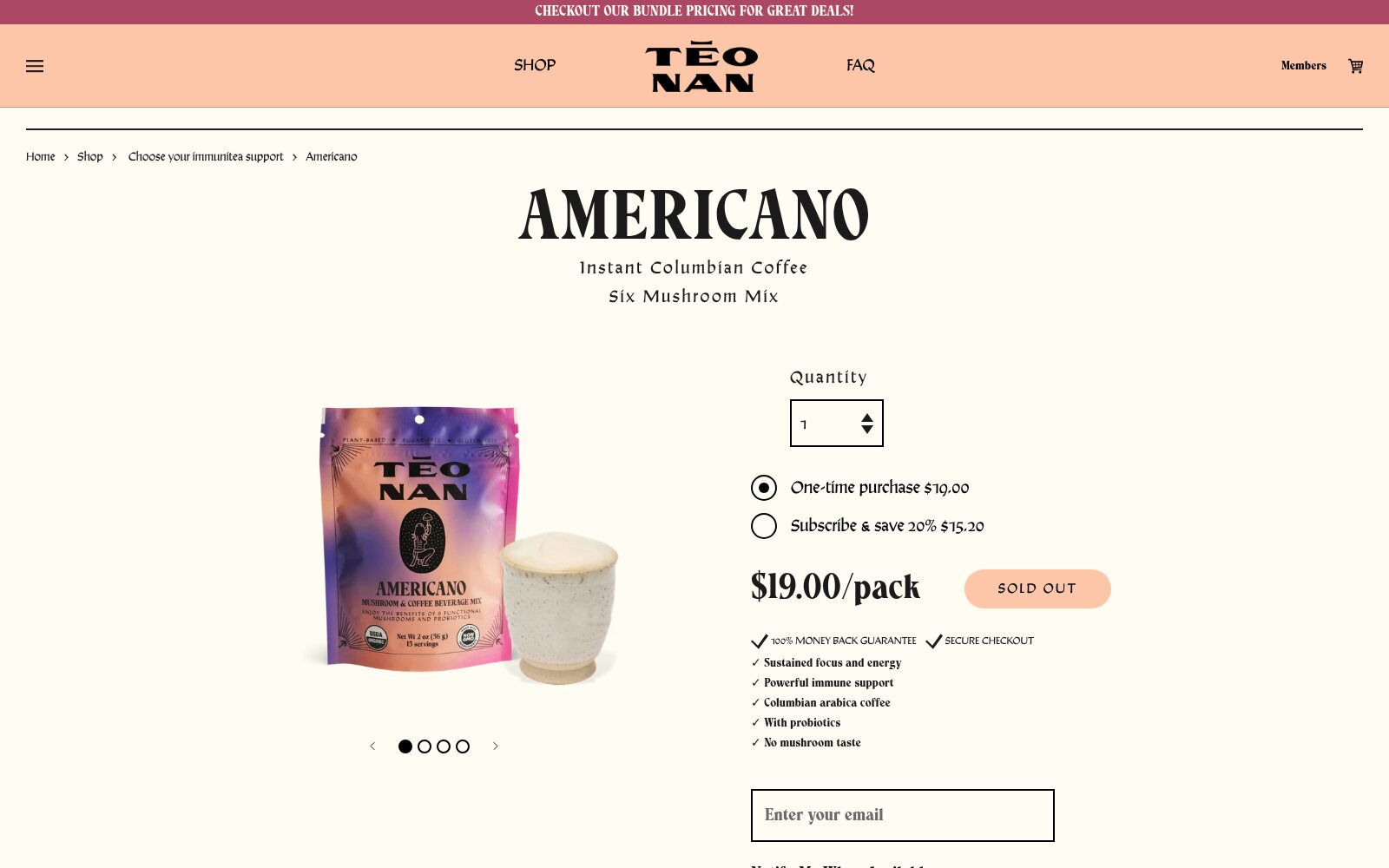 TĒONAN Americano product page showing subscribe-and-save pricing and back-in-stock capture