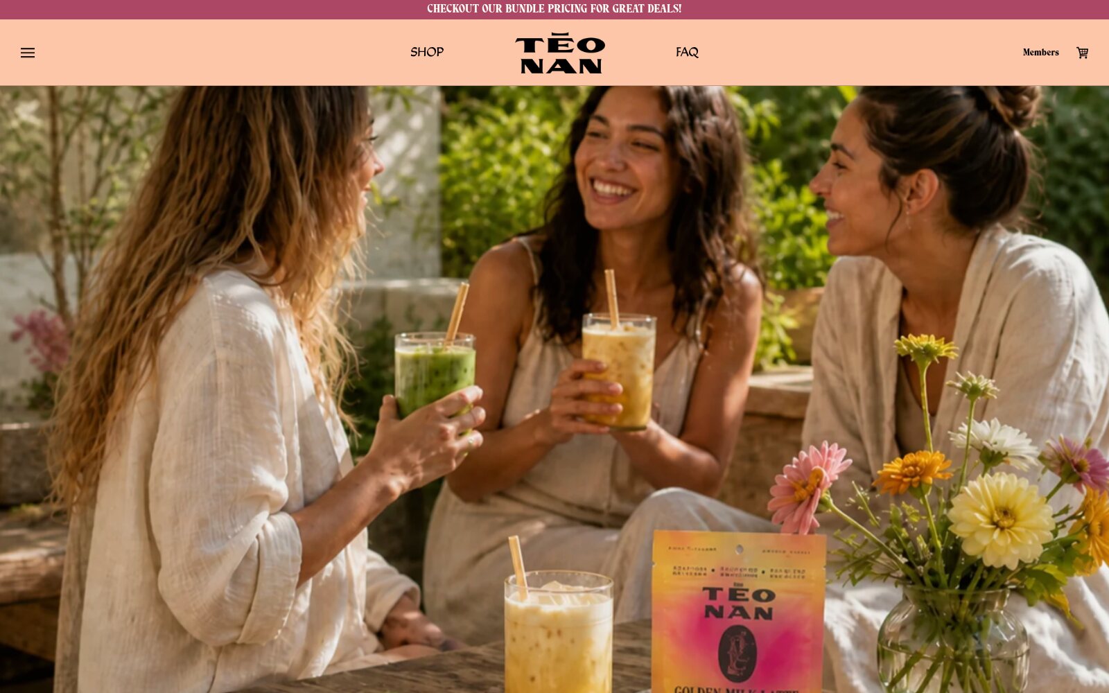 TĒONAN homepage hero — friends sharing matcha and golden milk lattes in a garden